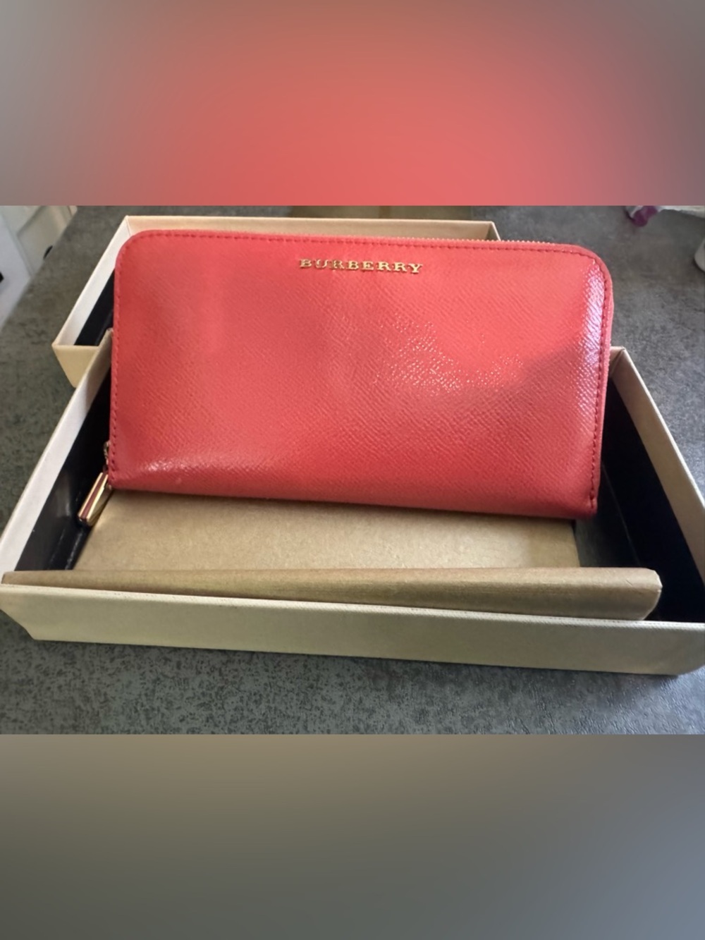 Burberry Coral Patent Leather Wallet with Gold Logo New In Box